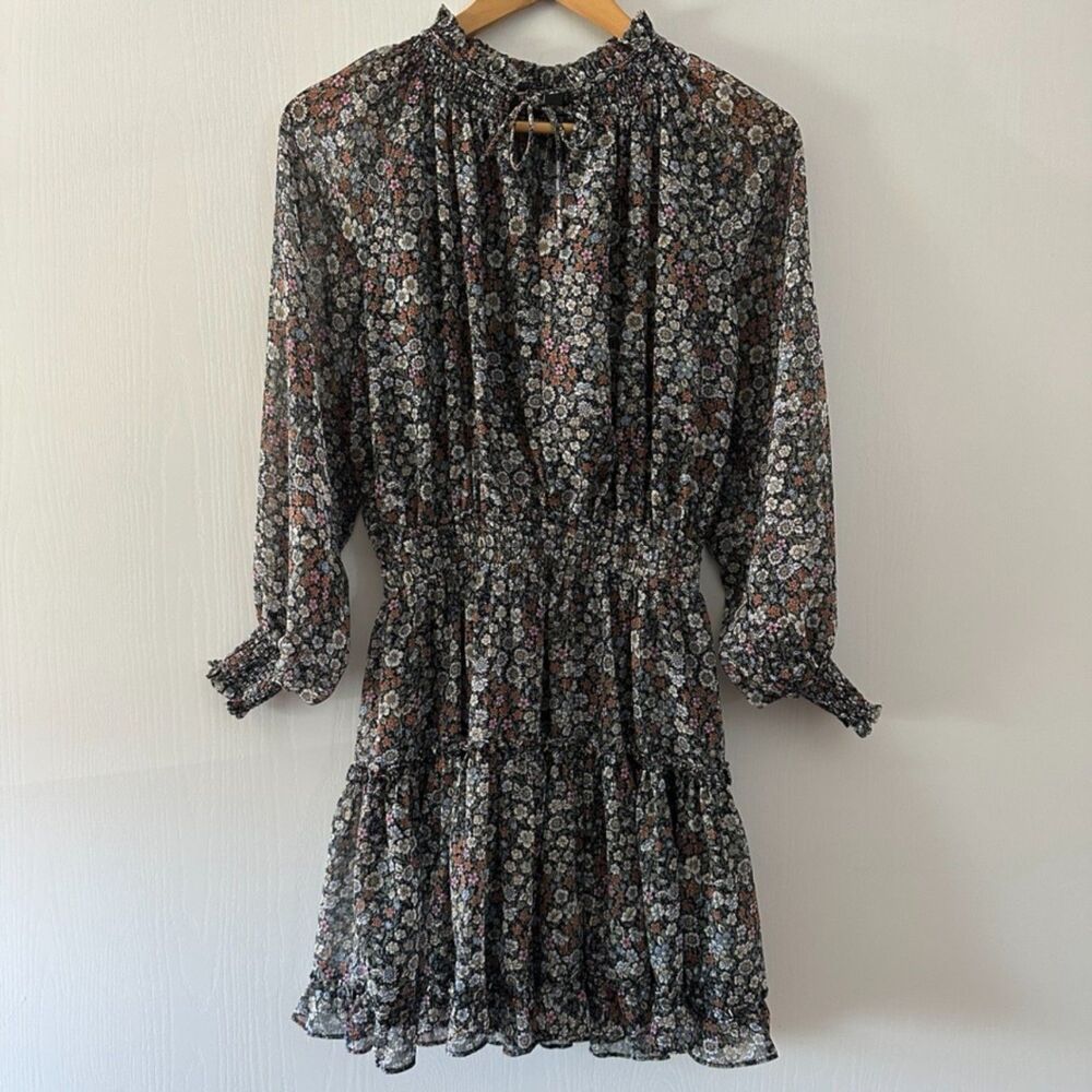 Floral Smocked Waist Long-Sleeve Mini Dress - Black Floral